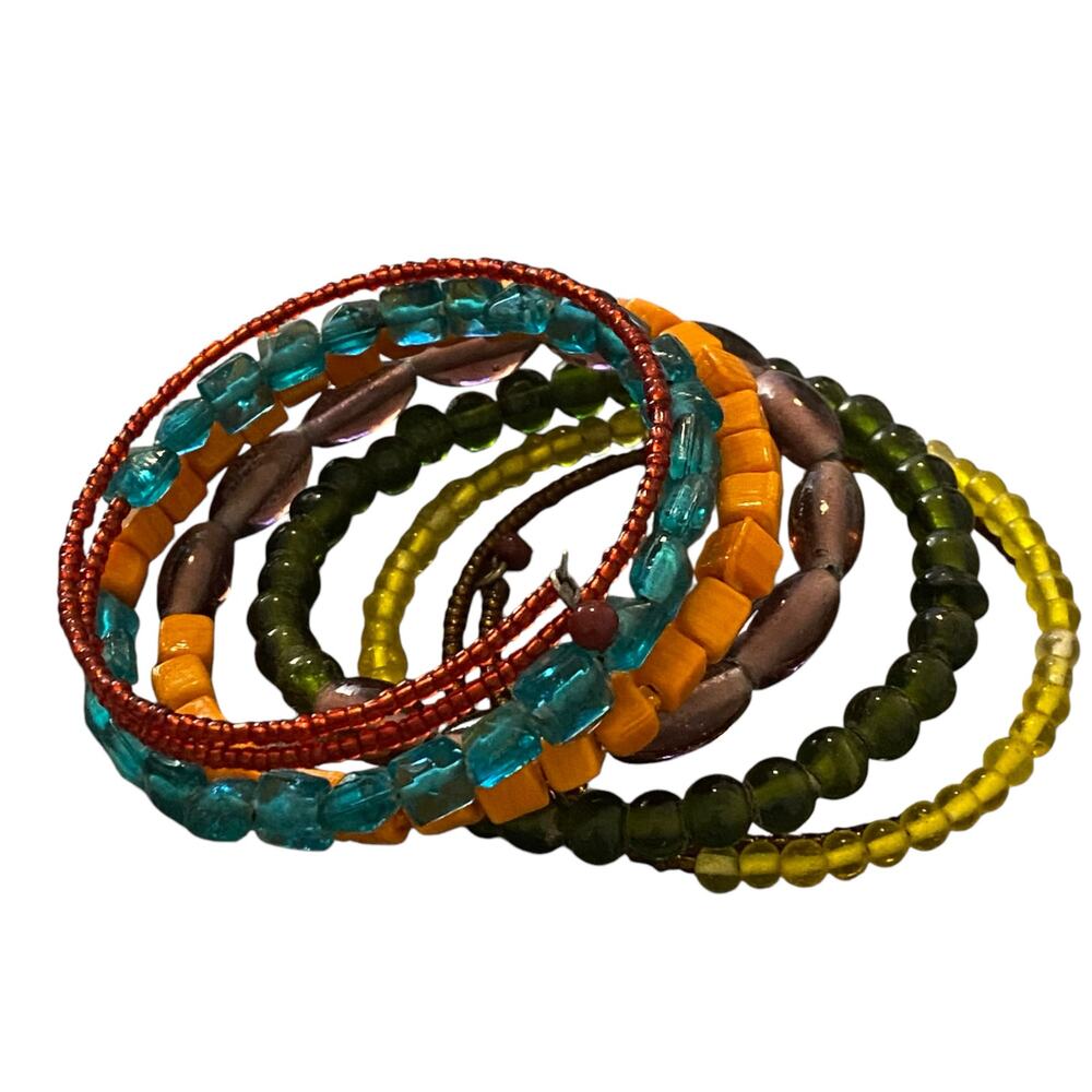 Women's Boho Multi-Colored Glass Beaded Coil Wrap Spiral Bracelet